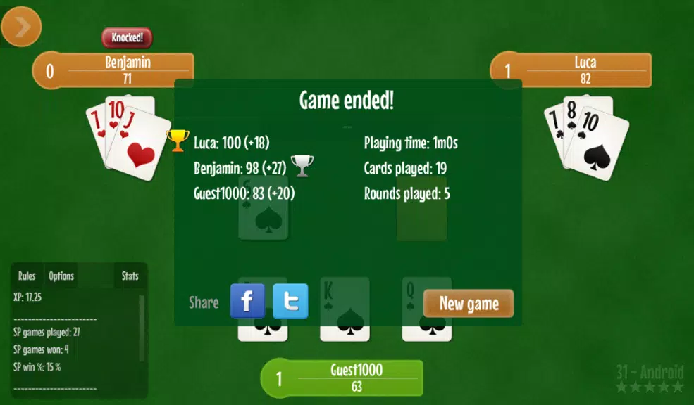 Thirty one - 31 card game.